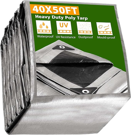 Yescom 40x50ft Heavy Duty Reinforced Poly Tarp Waterproof Tarpaulin 10-mil Ground Sheet Camping Tent Cover with Eyelets Reversible Silver Black Tarps