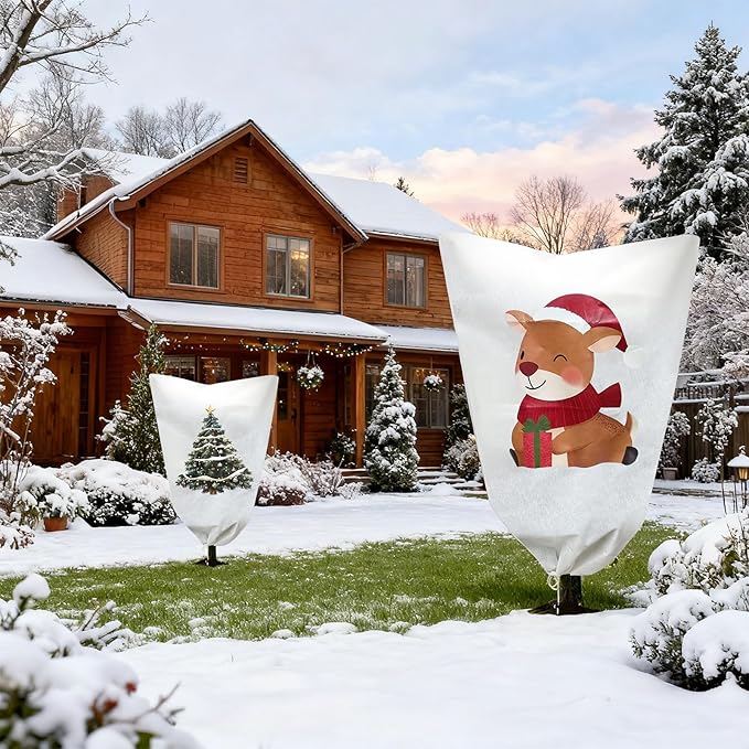 2-Pack Plant Covers Freeze Protection, 47" W x 70" L Thick Frost Cloth with Christmas Element, Tree Wrap for Winter with Zipper Drawstring Protect Your Plants
