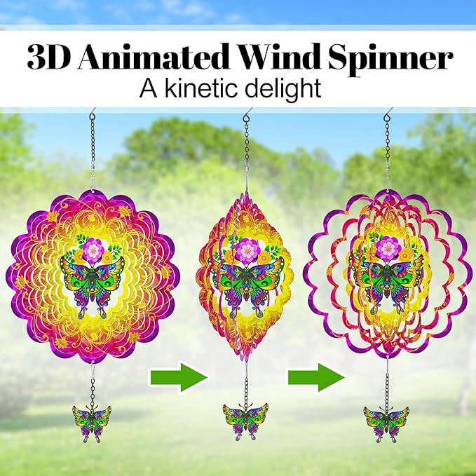 Hanging Butterfly Wind Spinners, Metal Kinetic Wind Spinner 3D Stainless Steel Laser Cut Wind Sculptures for Window Indoor Garden Decor Yard Art (Red)