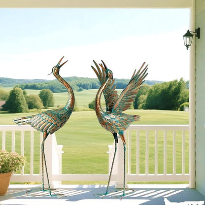 chisheen Crane Garden Statues Outdoor Metal Heron Yard Art Crane for Garden Sculptures Patio Lawn Ornaments,Set of 2