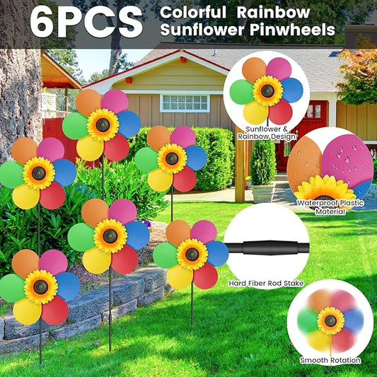 6PCS Sunflower Wind Spinners with Stakes 14" W x 29" H Wind Spinners Lawn Pinwheel Rainbow Windmill Outdoor Pinwheels for Yard Decoration（Rainbowcolors）