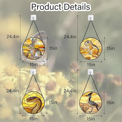 Stained Glass Window Hanging 4 Pcs Set Animals Large 15" - Desert Landscape Yellow Suncatcher Door Garden Sun Catcher Decor Birthday Christmas for Mom Woman Nana Men