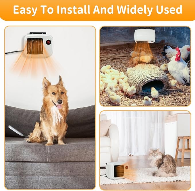 Rypet Dog House Heater with Thermostat, 200W/400W Safe Heater for Dog House Outdoor with 6 Ft Anti Chew Cord, Wall Mounted Chicken Coop Heaters Electric Warmer for Hound Kennel Cat Cage Chicken Coop