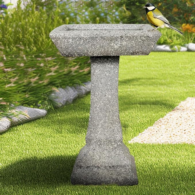 watnature Freestanding Birdbaths Outdoor - 15”Dia.X 22.8”Tall Concrete Standing Garden Bird Bath Feeder Bowl with Pedestal, Modern Outdoor Birdbath for Patio, Yard, Lawn Decor, Bird Bathing&Feeding