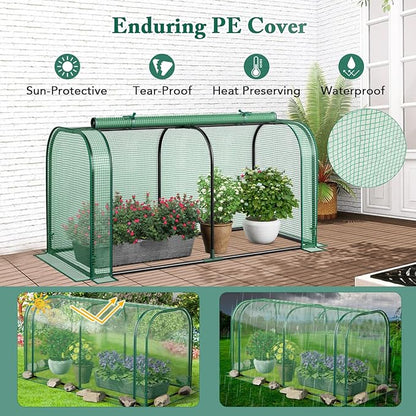 Mini Greenhouse, 47" x 22" x 24" Portable Greenhouse with Roll-Up Door, Ground Stakes, Metal Frame, Waterproof & Sun-Protective PE Cover, Small Green House for Outdoors & Indoors (Green)