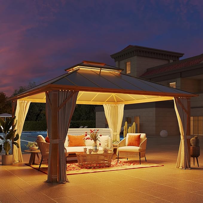 12'x14' Gazebo, YOLENY Outdoor Wood Grain Hardtop Gazebos on Clearance, Aluminum Composite Double Roof with Privacy Curtain and Mosquito Net for Patio, Lawn, Garden, Deck, Gray