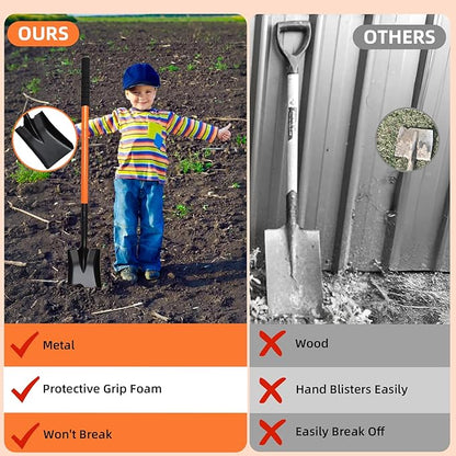 Small Square Shovel 43.3Inches Heavy Duty Garden Tools with Metal Handle, Small Transfer Spade for Digging Camping Car Beach Shovel, Orange