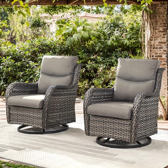Patio Swivel Chair Set of 2, Resin Wicker Swivel Patio Glider Chairs with Smile-Shaped Cushions, High Back Luxury Swivel Patio Glider Chairs for Outdoor, Brown Wicker|Grey Cushions