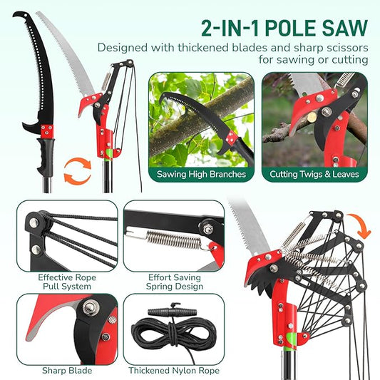 Outvita Manual Pole Saw, 24 Feet Extendable Tree Pruner with Knives and Storage Pocket, Sharp Steel Blade and Scissors High Branches Trimming for Pruning Palms and Shrubs(Green)