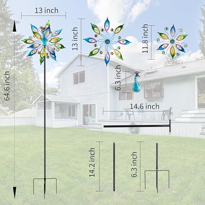DREAMYSOUL Outdoor Peacock Wind Spinners with Gem Decor, 13" D*65" H Double Sided Kinetic Wind Sculptures & Spinners, Metal Wind Spinners for Yard and Garden