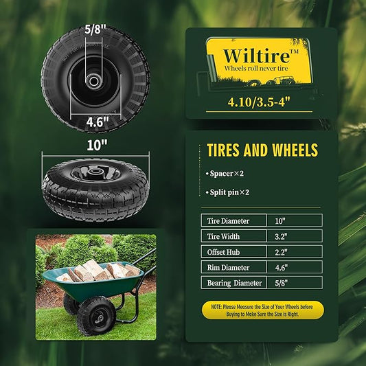 (2 Pack) 4.10/3.50-4 Flat Free Tire and Wheel 10-Inch Solid Wheel Replacement with 5/8 Bearings,2.2" Offset Hub -Compatible with Hand Truck,Wheelbarrow(Black)