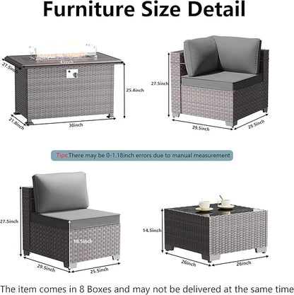 Outdoor Patio Furniture Set with Propane Fire Pit Table, 15 Pieces Furniture Patio Sectional Sofa Conversation Sets w/ETL Approved 43" Gas Outdoor Fire Table & Coffee Table(Grey)