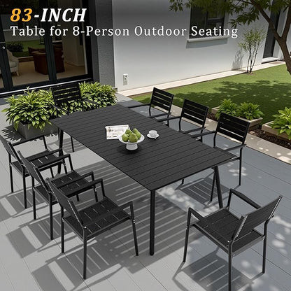 Outdoor Dining Table for 6-8, 82.7 inch Patio Dining Table with Wooden-Like Top and Aluminum Frame, Rectangular Table with Umbrella Hole Outdoor Furniture, Only Table, Black