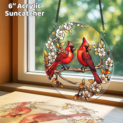 2 Cardinal Butterfly Acrylic Suncatcher, Art Decor for Home, Suncatcher for Window Hanging Indoor, Garden, Housewarming, Gift for Mom, Grandma, Women, Friend, Bird Lover SCB-A6-B3