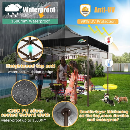 COBIZI 10x10 Pop Up Heavy Duty Canopy with 4 Sidewalls and Hexagonal Legs, Easy up Tent for Events, Parties, Camping, Outdoor Canopy with Portable Bag, Waterproof & UPF50+ (Black)