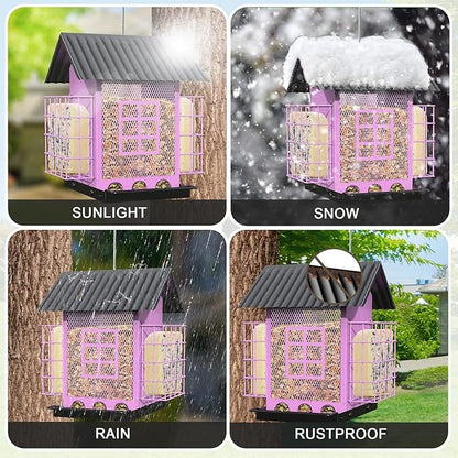 Bird Feeders for Outdoors Hanging, Metal Bird Feeder with Double Suet Cage Cake, Large Capacity, Birdfeeders Sturdy & Weatherproof, Easy to Clean & Refill, Great for Attracting Wild Birds