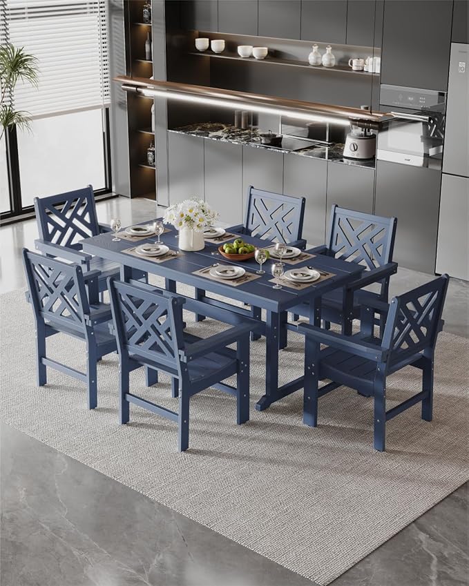 7-Piece Outdoor Dining Set, HDPE All-Weather Patio Table and Chairs Set for 6, Outdoor Patio Furniture Sets with Umbrella Hole for Outside, Deck, Backyard, Garden (Navy Blue)
