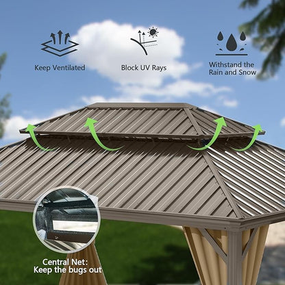 Domi Outdoor Living 14’ X 20’ Hardtop Gazebo, Outdoor Aluminum Frame Canopy with Galvanized Steel Double Roof, Outdoor Permanent Metal Pavilion with Curtains and Netting for Patio, Backyard and Lawn