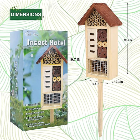 Lulu Home Wooden Insect House with Stake, Hanging & Inserting Two Mount Ways Insect Hotel for Bee, Butterfly, Ladybirds, Beneficial Insect Habitat, Bug Hotel Garden, 19.7 X 3.4 X 5.4 Inch