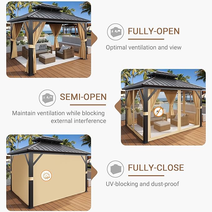 10x12 ft Hardtop Gazebo with Double Roof, Outdoor Heavy Duty Aluminum Gazebo with Netting, All-Weather Protection Metal Canopy for Patio, Garden, Poolside, Poolside (Khaki)