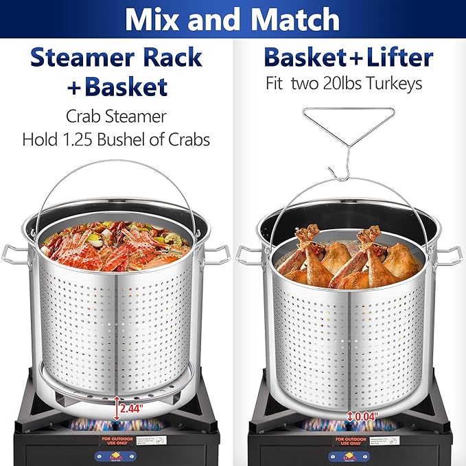 ARC 52QT Stainless Steel Stockpot for Crab Seafood Boiler Crawfish Pot with Basket and Steamer Rack, Outdoor Cooking Pot for Lobster Shrimp Boiling, Turkey Fryer and Tamales Steamer, 13 Gal