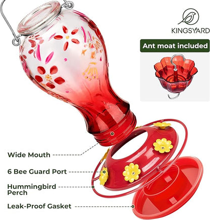 Kingsyard Glass Hummingbird Feeder for Outdoors Hanging - 26 oz Leak Proof Nectar Feeder with 6 Feeding Ports & Ant Moat for Garden Backyard Decor, Red