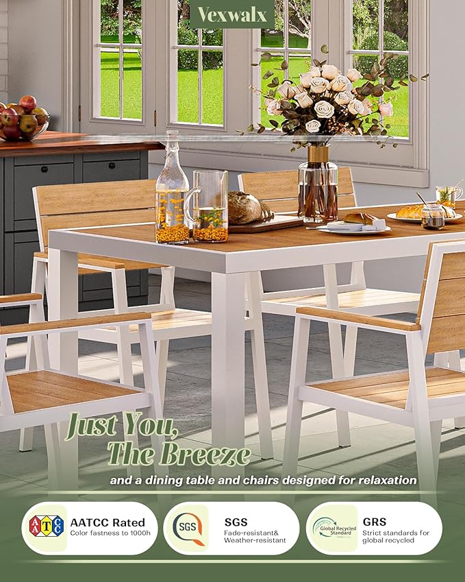 Outdoor Dining Set for 6, Patio Table and Chairs Set, Aluminum Patio Furniture Set with Umbrella Hole, HDPS Patio Dining Table Set for 6 (White-Teak)