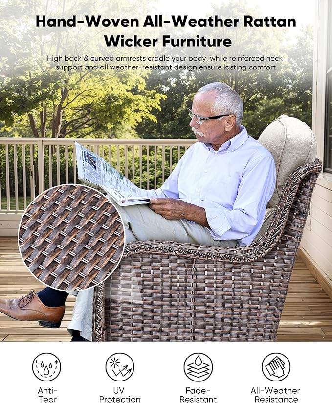 HUMMUH Wicker Patio Furniture High Back Swivel Rocker Patio Chairs Outdoor Bistro Set with Ottomans Side Table for Porch Garden Deck