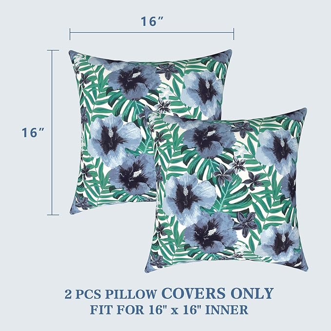 LVTXIII Outdoor Throw Pillow Covers 16 x 16 Inch, Covers ONLY Modern Cute Pattern Decorative Square Toss Pillow Case Pack of 2 for Home Patio Garden Sofa Bed Furniture, Blue Salmone Tropical