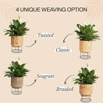 Set of 2 Water Hyacinth Planter Pot with Metal Stand - Indoor Plant, Flower, Succulent, Basket Planter, Decorative Pot Cover (Twisted)
