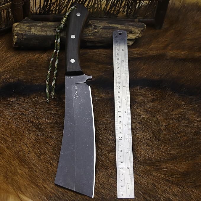 BA-KOR (Pioneer ) (14.6") DC53 steel 6mm thickened full Tang fixed knife+ Wooden sheath &(5.9IN) Cerium Igniter, suitable for outdoor hunting, cutting, chopping, camping, obstacle removal, exploration, fishing, EDC, BBQ (BA-Kb-0A)