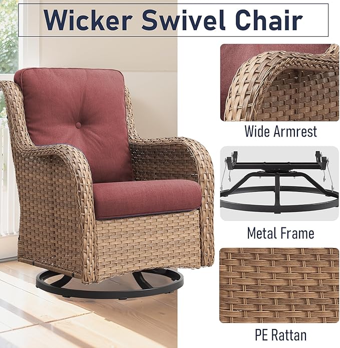 Patio Furniture Set with Swivel Chairs, 5 Pieces Outdoor Wicker Furniture Set with Patio Swivel Rocker Chairs for Patio, Yard, Deck, Porch, Poolside