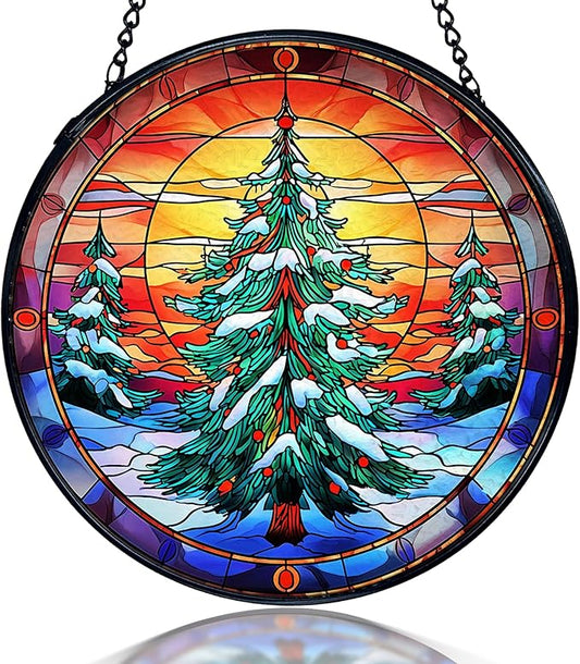 kdqua Christmas Tree Suncatcher Stained Glass Window Hanging, Winter Xmas Tree Sun Catchers Indoor Window Glass Round Wall Decor, Wall Art Hanging Decorations Statues, 7.9x7.9in