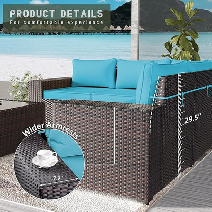 Outdoor Patio Furniture Set, 12 Pieces Outdoor Furniture All Weather Patio Sectional Sofa PE Wicker Modular Conversation Sets with Coffee Table,10 Chairs & Seat Clips Turquoise Blue.
