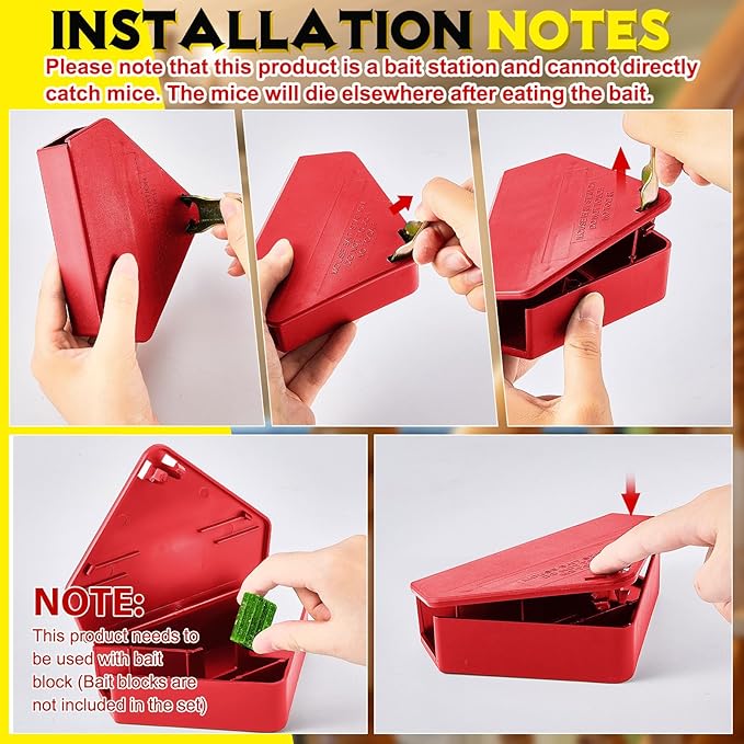 Qualirey 12 Pcs Mice Station with Key Triangle Bait Station Reusable Rodent Trap Bait Box, Keeps Children and Pets Safe Indoor & Outdoor, Bait Not Included, Suitable for Small Mice (Red)
