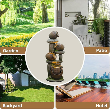 Outdoor Fountain with LED Lights, 48.43" Tall Garden Water Fountain - Resin & Fiberglass Freestanding Fountain for Patio, Backyard - Easy Setup Kit