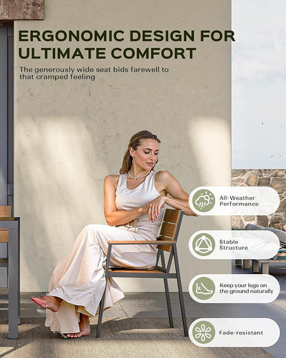 Outdoor Dining Set for 6, Patio Table and Chairs Set, Aluminum Patio Furniture Set with Umbrella Hole, HDPS Patio Dining Table Set for 6 (Gray-Teak)
