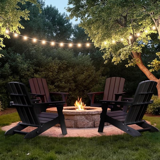 Folding Adirondack Chair Wood Texture 4 Pack, HDPE All-Weather Fire Pit Chairs, Plastic Adirondack Chairs with 2 Cup Holder, Outdoor Lawn Chair for Patio Garden (Black)