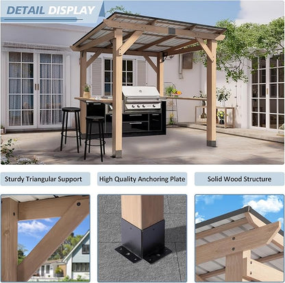 CHARMELEON 6'x8' Wood Grill Gazebo, Cedar Wood BBQ Grill Gazebo with 2 Side Storage Shelves, Pavilion with Hardtop Sloping Steel Roof for Outdoor, Patio, Barbecue, Garden, Deck