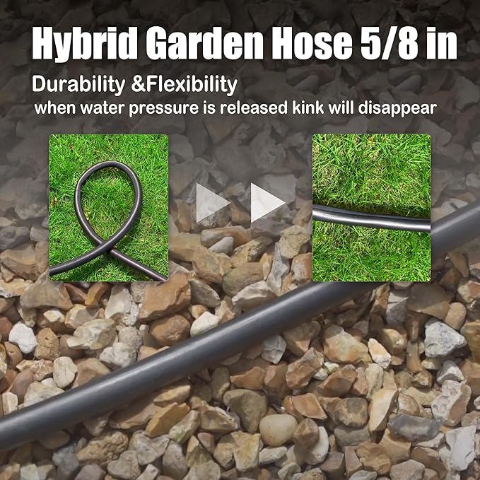 Hybrid Garden Hose 25FT - 5/8" Durable Sturdy and Functional Heavy Duty Rubber Hose with Brass Fittings - UV Resistant and Leak Proof for Lawn Care Gardening and Outdoor Cleaning