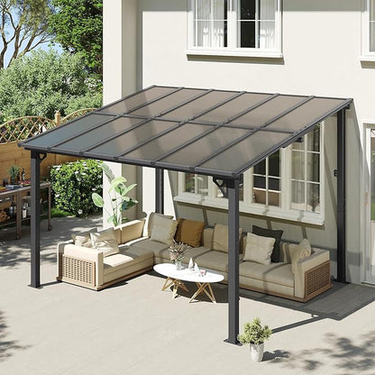 Aoxun 10' x 12' Gazebo for Patio, Gazebo Pergola with Sloped Roof, Large Wall-Mounted Heavy Duty Awnings, for Backyard, Deck, Patio (Gray Polycarbonate Panel)