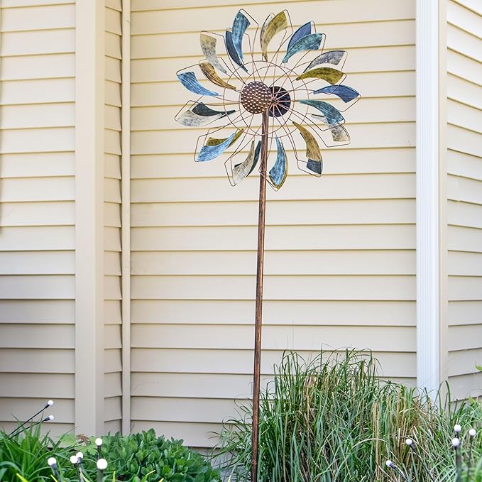 Sunnydaze Metallic Pinwheel Metal Garden Wind Spinner - Removable Pole Sections for Adjustable Height - Dual-Motion Blades - 84.5" H
