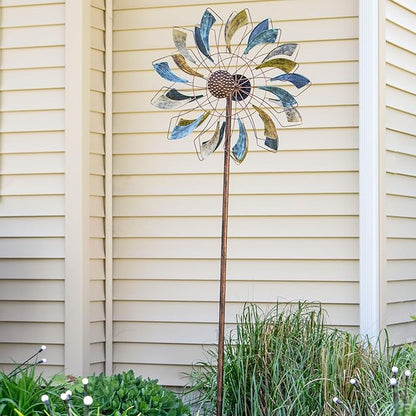 Sunnydaze Metallic Pinwheel Metal Garden Wind Spinner - Removable Pole Sections for Adjustable Height - Dual-Motion Blades - 84.5" H