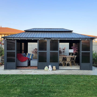 PURPLE LEAF 12' X 20' Solarium Sunroom Permanent Hardtop Gazebo Galvanized Steel Double Roof Aluminum Outdoor Enclosed Gazebo for Lawn Deck Backyard Grey