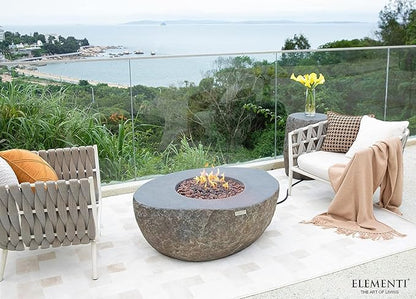Elementi | Bundle Boulder Gas Fire Pit Cast Concrete Semi-Round Fire Table, Outdoor Fire Pit Electronic Ignition | Canvas Cover, Lava Rock Included | Natural Gas