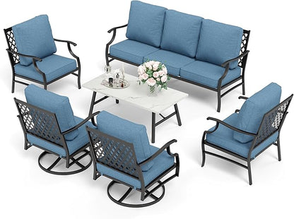 HERA'S HOUSE 6 Piece Patio Furniture Set, 2 x Swivel Chair, 2 x Fixed Chair, 1 x 3-Seat Sofa with Marbling Coffee Table, All Weather Outdoor Conversation Set for Lawn Garden Backyard, Navy Blue