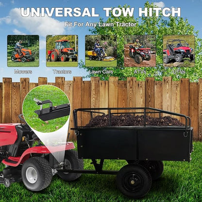 Heavy Duty Steel Dump Cart & Utility Trailer 750LB Capacity ATV/Lawn Tractor Hauler with Dual Dumping Modes (Manual/Foot Pedal), All-Terrain Tires & Dual Bearings for Garden, Farm, Firewood