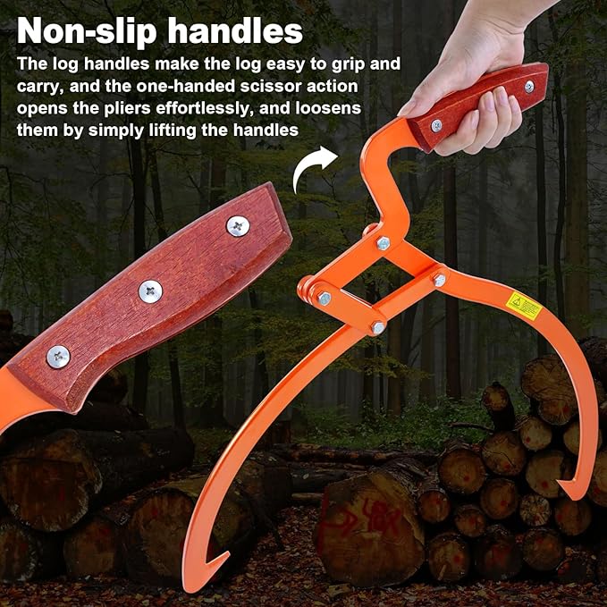 20 Inch Orange Log Tongs, 2 Claw Skidding Tongs Non-Slip Grip, Log Lifting Tongs for Handling, Dragging & Carrying Tool