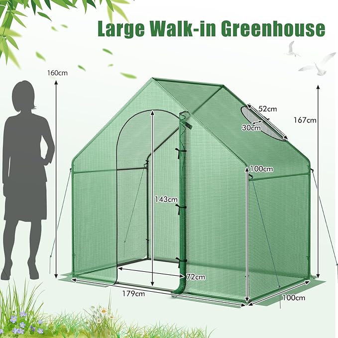 HAPPYGRILL Walk-in Greenhouse, 6 x 3 x 5.5 FT Portable Outdoor Green House for Winter w/ PE Cover, Rustproof PE-Coated Metal Frame, Roll-up Zippered Door, Window, Greenhouse for Outdoors
