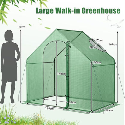 HAPPYGRILL Walk-in Greenhouse, 6 x 3 x 5.5 FT Portable Outdoor Green House for Winter w/ PE Cover, Rustproof PE-Coated Metal Frame, Roll-up Zippered Door, Window, Greenhouse for Outdoors